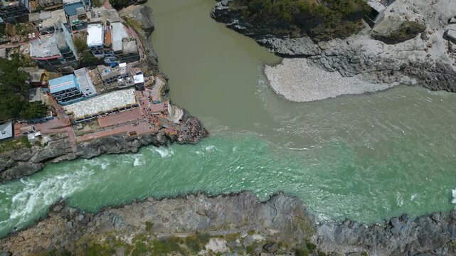 Aerial view of Devprayag Sangam, Devprayag is a town and a nagar panchayat, near New Tehri city in Tehri Garhwal District in the state of Uttarakhand, India,