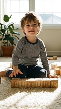 Happy child playing with wooden blocks on carpet near window