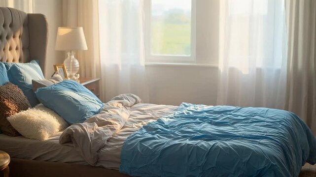 Bedroom with blue bedding and natural light