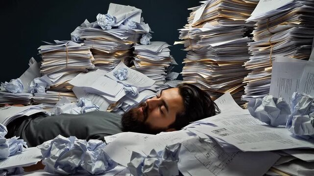 Man sleeping among piles of papers