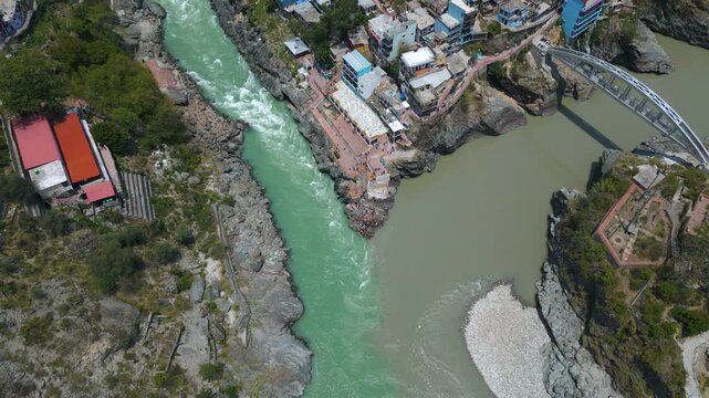 Aerial view of Devprayag Sangam, Devprayag is a town and a nagar panchayat, near New Tehri city in Tehri Garhwal District in the state of Uttarakhand, India,
