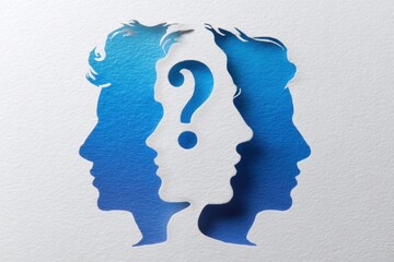 Two human head silhouettes facing each other with a question mark.