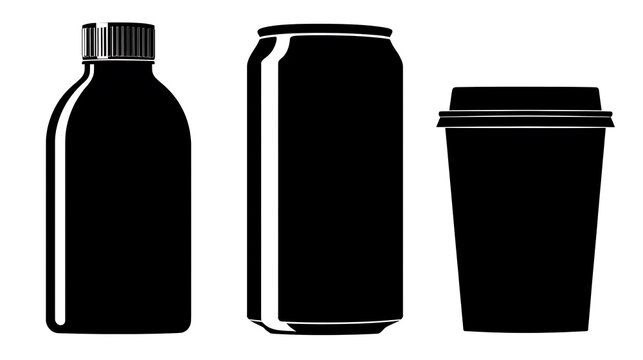 Three Beverage Containers: A bottle, can, and cup, isolated. Perfect for product mockups.