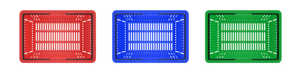 Plakat Empty plastic shopping basket. Red, blue and green store empty basket. Supermarket shopping cart. Top view.