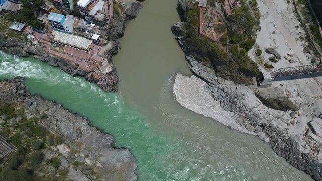 Aerial view of Devprayag Sangam, Devprayag is a town and a nagar panchayat, near New Tehri city in Tehri Garhwal District in the state of Uttarakhand, India,