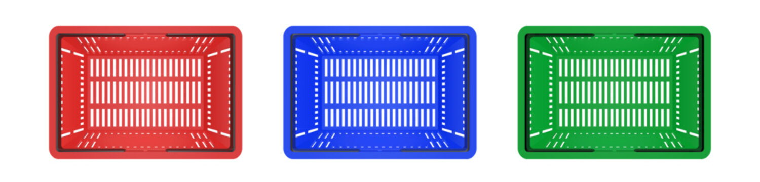 Empty plastic shopping basket. Red, blue and green store empty basket. Supermarket shopping cart. Top view.