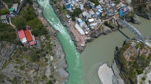 Aerial view of Devprayag Sangam, Devprayag is a town and a nagar panchayat, near New Tehri city in Tehri Garhwal District in the state of Uttarakhand, India,