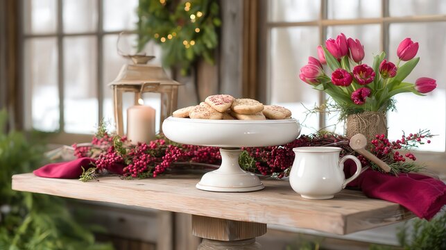 A beautifully arranged table features a cake stand with cookies, a charming lantern, a pitcher, and vibrant flowers, perfect for showcasing cozy gatherings or holiday celebrations,