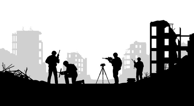 Silhouette Soldiers with Drone in Ruined Cityscape