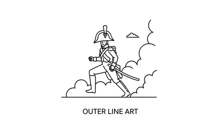 Fototapeta premium Soldier in historical uniform running through smoke, line art illustration