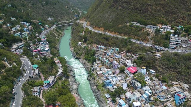 Aerial view of Devprayag Sangam, Devprayag is a town and a nagar panchayat, near New Tehri city in Tehri Garhwal District in the state of Uttarakhand, India,