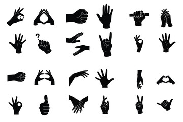 Collection of black silhouette hand gestures and nonverbal communication signs