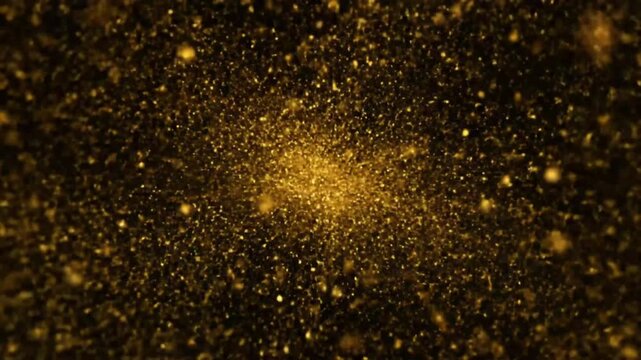 Golden glitter particles flying in air with glowing central light source creating magic atmosphere