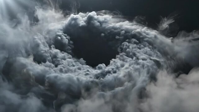 A swirling vortex of dark, ominous clouds with light rays piercing through the top.