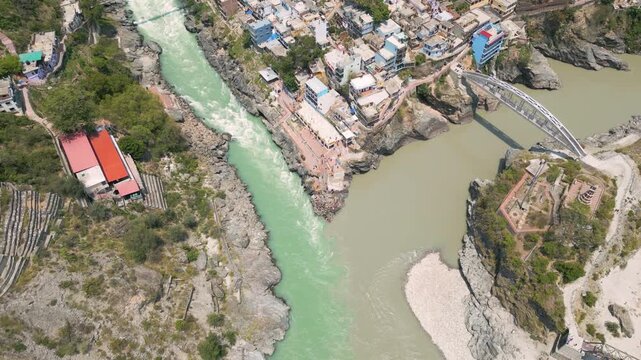 Aerial view of Devprayag Sangam, Devprayag is a town and a nagar panchayat, near New Tehri city in Tehri Garhwal District in the state of Uttarakhand, India,