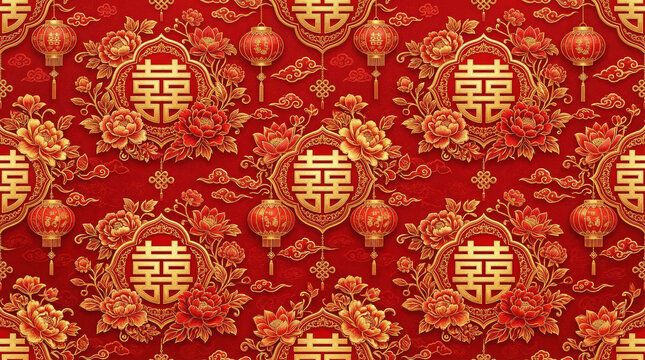 Traditional red chinese double happiness wedding pattern with gold peony flowers and ornamental lanterns