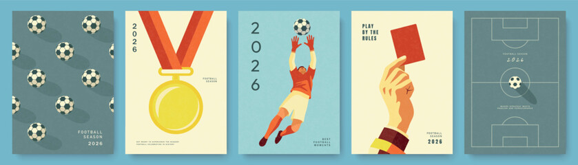 Set of football and soccer templates for postcards and advertising materials for a sports championship, featuring goalkeeper, gold medal, red card and soccer balls in a modern flat style © Liliya
