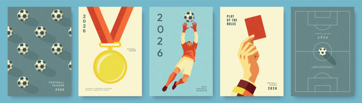 Set of football and soccer templates for postcards and advertising materials for a sports championship, featuring goalkeeper, gold medal, red card and soccer balls in a modern flat style