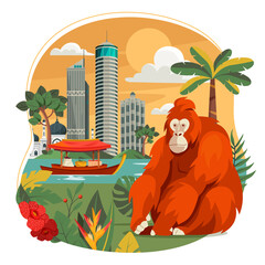 Malaysia Travel Illustration with Orangutan and Kuala Lumpur Skyline © Macrovector