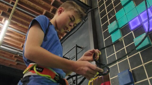 Young athlete learning to tie knot on safety belt rope. Boy trains from young age to become professional athlete in future slow motion