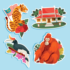 Malaysia Travel Sticker Set with Tiger Orangutan Hornbill and Traditional House © Macrovector
