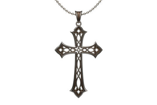 Ornate silver gothic cross pendant with intricate filigree details and chain, isolated on transparent background, religious jewelry design element PNG