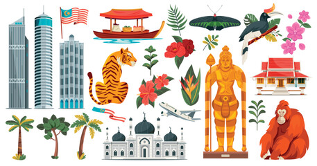 Malaysia Travel Illustration Set with Tiger Orangutan Hornbill and Landmarks © Macrovector