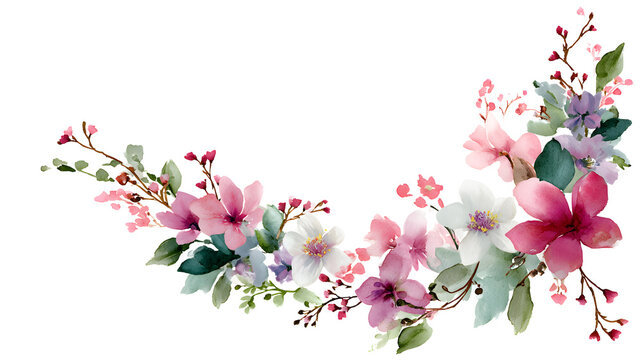 Whimsical watercolor wildflower corner monogram frame, decorative botanical flowers and leaves arranged in opposite corners, layered translucent watercolor petals.