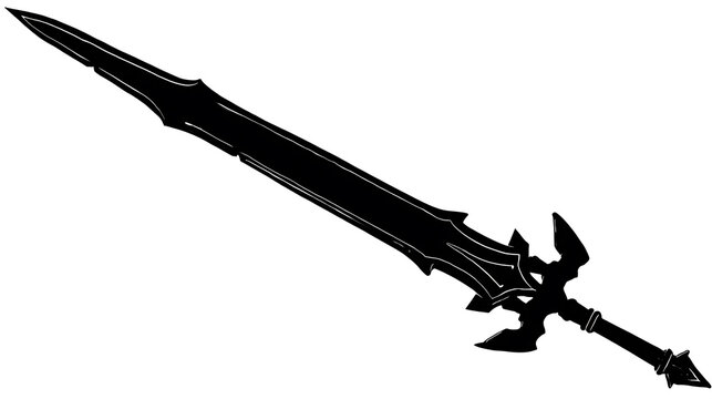 A detailed black sword isolated on white background. The intricate design and sharp edge gives a fierce and formidable appearance.