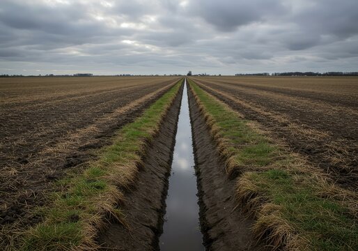 A deep drainage ditch cuts through a wide, flat rural landscape under a cloudy sky, emphasizing water management and agricultural engineering ,channel ,surface ,irrigation