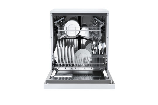 Modern white dishwasher with door open, revealing sparkling clean plates, cups, and cutlery inside, perfectly isolated for kitchen appliance designs