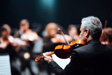 Fototapeta premium Mature caucasian male violinist closeup in black suit playing with orchestra under spotlight, blurred string section behind him