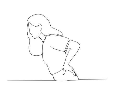 Continuous one line art drawing of Woman feeling discomfort, holding her lower back. Editable stroke.