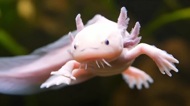 Captivating cinematic 4K detail of a vibrant pink axolotl gracefully navigating its aquatic environment, revealing its unique feathery external gills