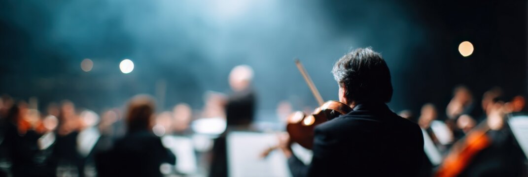 Male caucasian adult violinist viewed from back in orchestra concert wide stage with conductor blurred distant lights and immersive classical performance scene