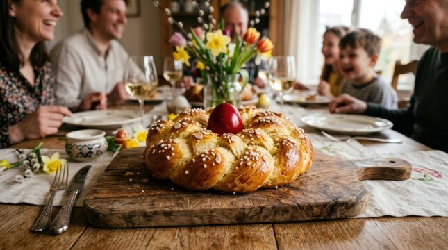 Braided Easter bread and red egg centerpiece with family gathering for meal