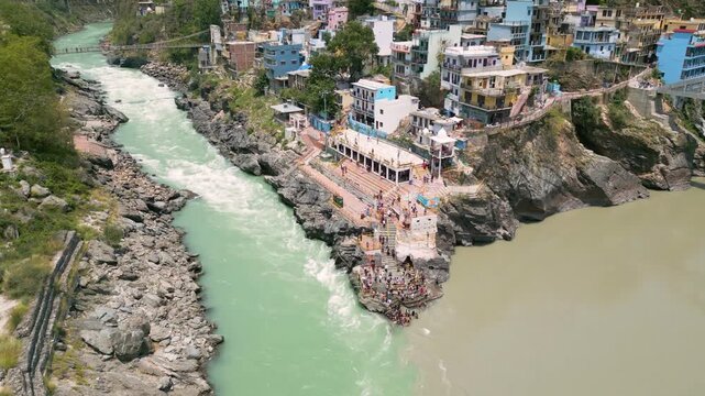 Aerial view of Devprayag Sangam, Devprayag is a town and a nagar panchayat, near New Tehri city in Tehri Garhwal District in the state of Uttarakhand, India,
