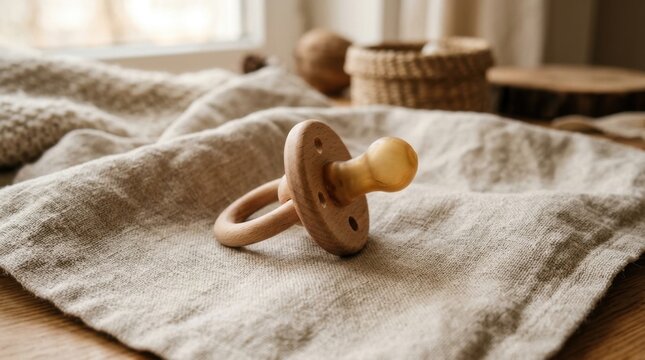 Wooden baby pacifier with rubber nipple on natural linen fabric