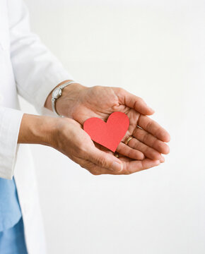 Female Physician Holding Paper Heart in Hands on White Background, Medical Care, Heart Health and Insurance Concept