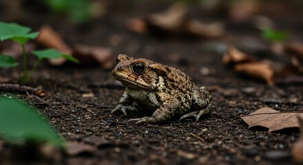 Fototapeta premium A warty brown toad amphibian sits motionless on the forest floor, displaying its cryptic camouflage against the damp earth and surrounding leaves ,wilderness ,toad ,damp
