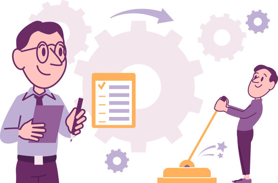 Business Project Launch with Checklist and Gear Mechanism Flat Vector Illustration