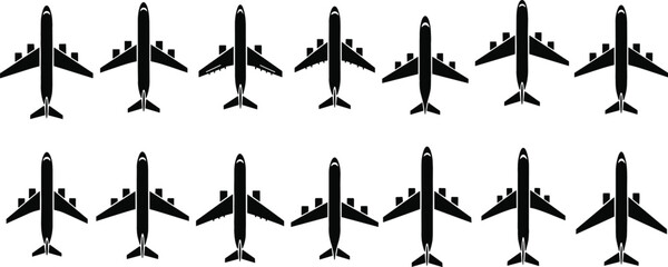 Airplane Top View Icon Set for Aviation Travel, Airline Transportation, Airport Navigation, Flight Routes, and Air Transport Vector Silhouette Collection © tofajjol studio