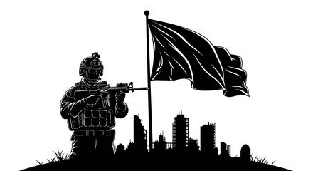 Obraz premium Soldier with Rifle and Flag Silhouette Over City Skyline at Dawn
