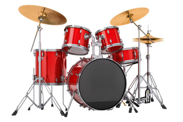 Vibrant red professional drum kit, a complete percussion instrument set with cymbals and stands, isolated PNG on transparent background for music and performance designs © Noah