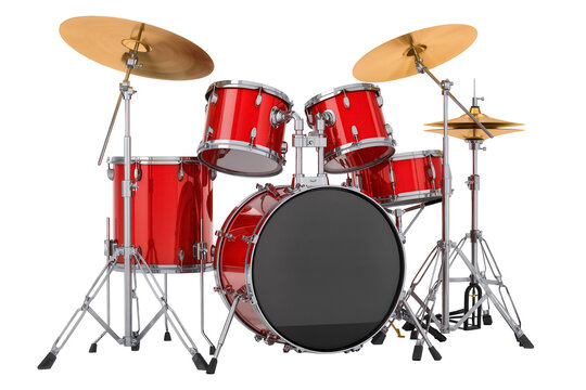 Vibrant red professional drum kit, a complete percussion instrument set with cymbals and stands, isolated PNG on transparent background for music and performance designs