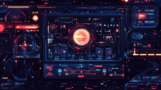 Abstract futuristic control panel with glowing lights and digital interface