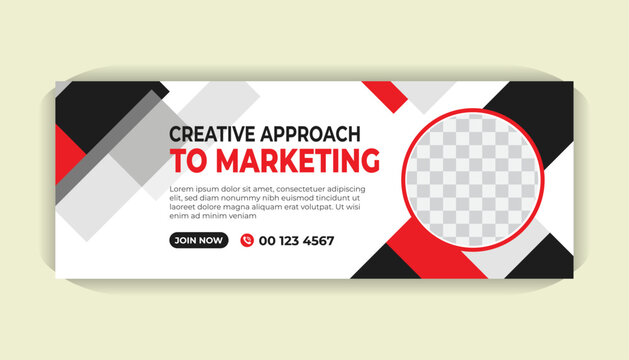 Professional Facebook cover banner design with sleek white background, vivid red shapes, modern layout and editable photo space