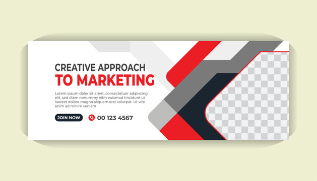 Professional Facebook cover banner design with sleek white background, vivid red shapes, modern layout and editable photo space