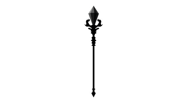 An isolated illustration of an ornate scepter, black in color. The scepter has a pointed tip and complex decorative elements.