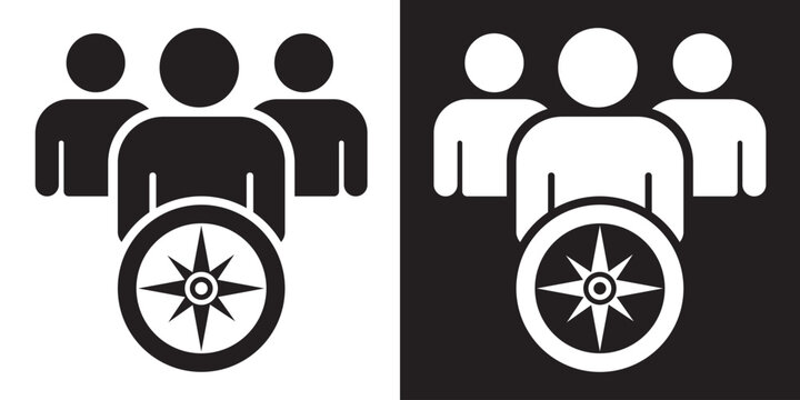Group of three people icons with a compass symbol. Represents leadership, team guidance, strategic direction, and navigation in business. Minimalist black and white vector set.